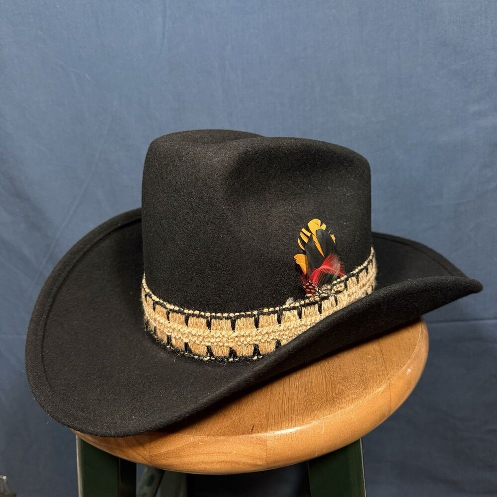 Vintage Wool Western Cowboy Hat Webster Sears 52303 Feathers Black 6 7/8